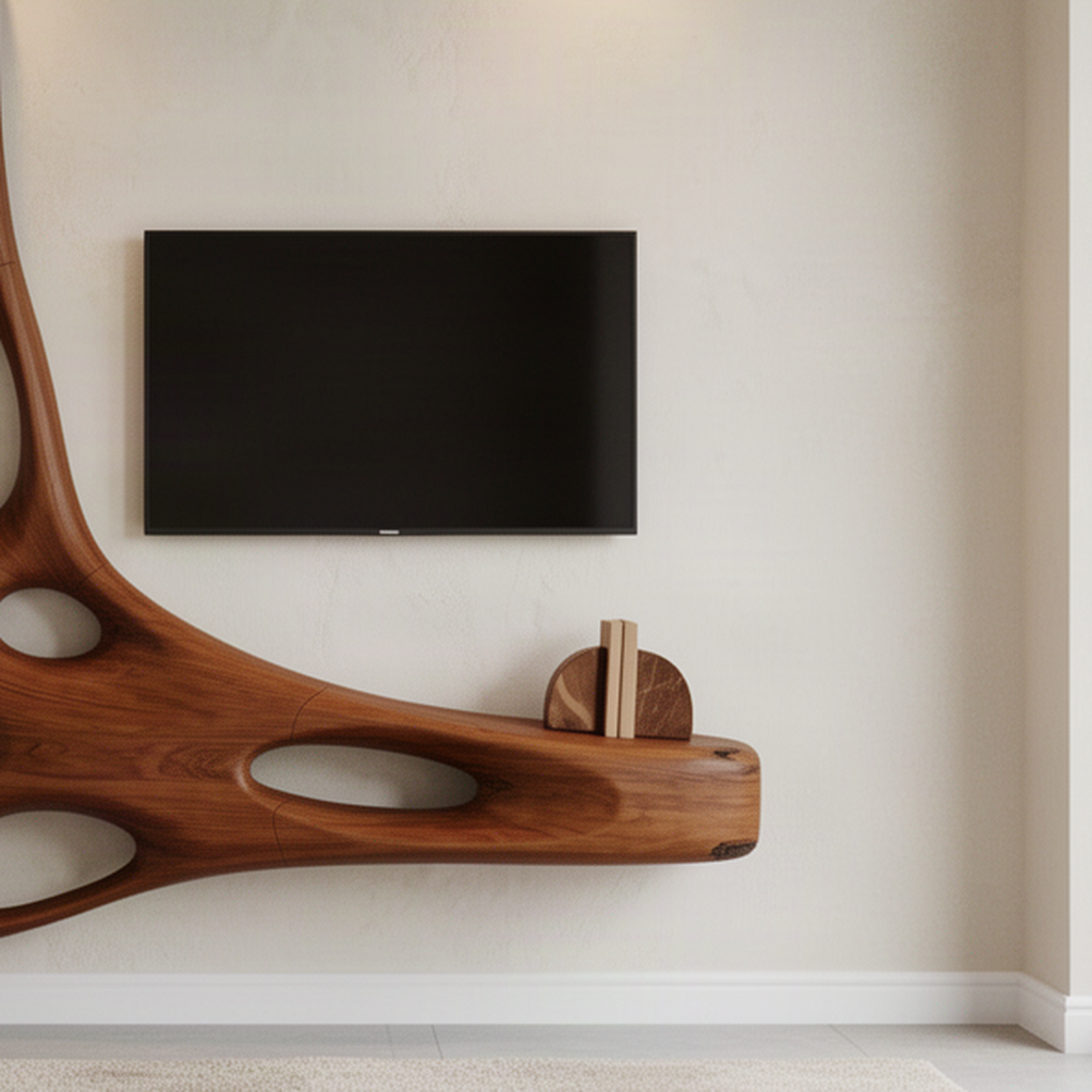Close-up of Vesora wood TV wall unit showing smooth oval cutouts, flowing curves and natural solid wood grain