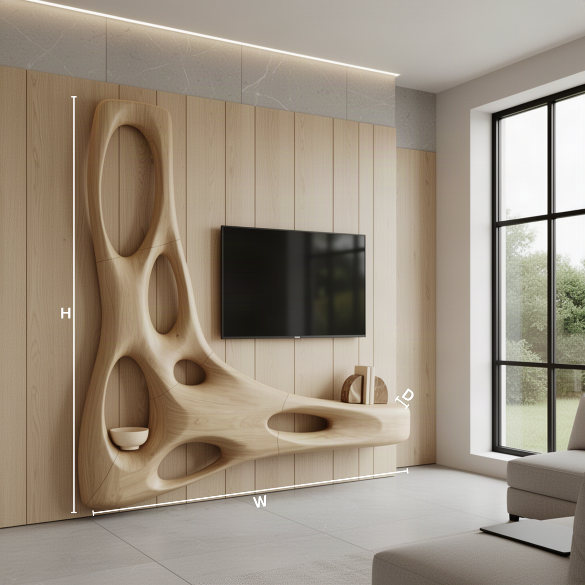 Vesora sculptural wood TV wall unit dimensions diagram showing width, height and depth of the floating media wall