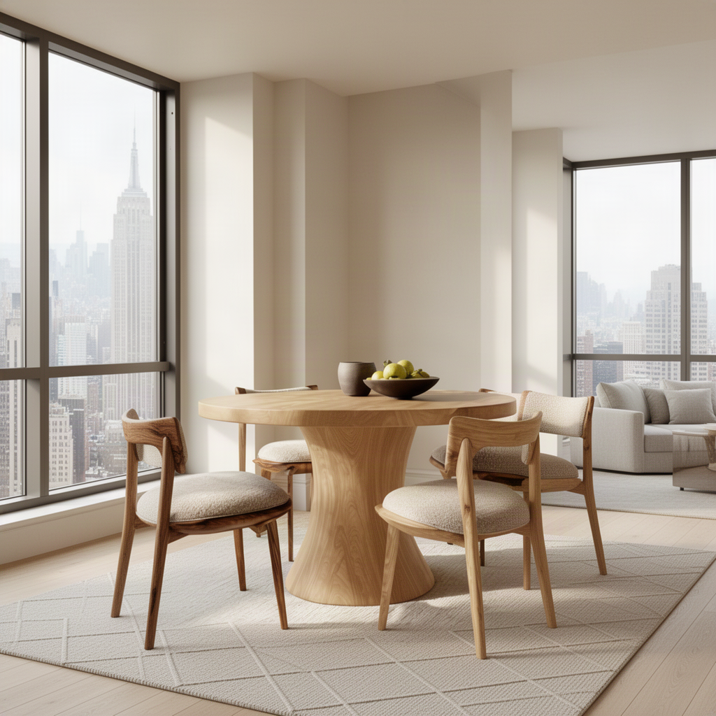 Orbelle sculptural wood dining table in Oak with round top and flared hourglass pedestal base in a city apartment