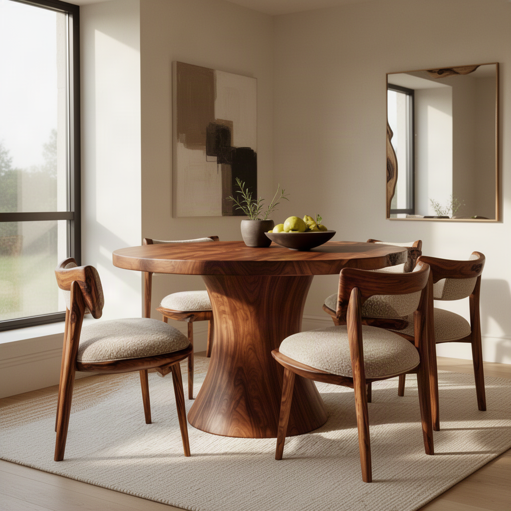 Orbelle round pedestal dining table in Brown finish with flared sculptural base in a modern dining room