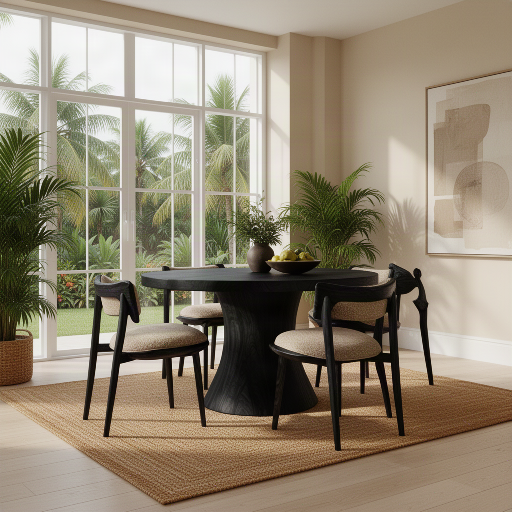 Orbelle sculptural wood dining table in Black with round top and hourglass pedestal in a bright tropical dining room