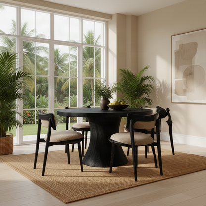 Orbelle sculptural wood dining table in Black with round top and hourglass pedestal in a bright tropical dining room