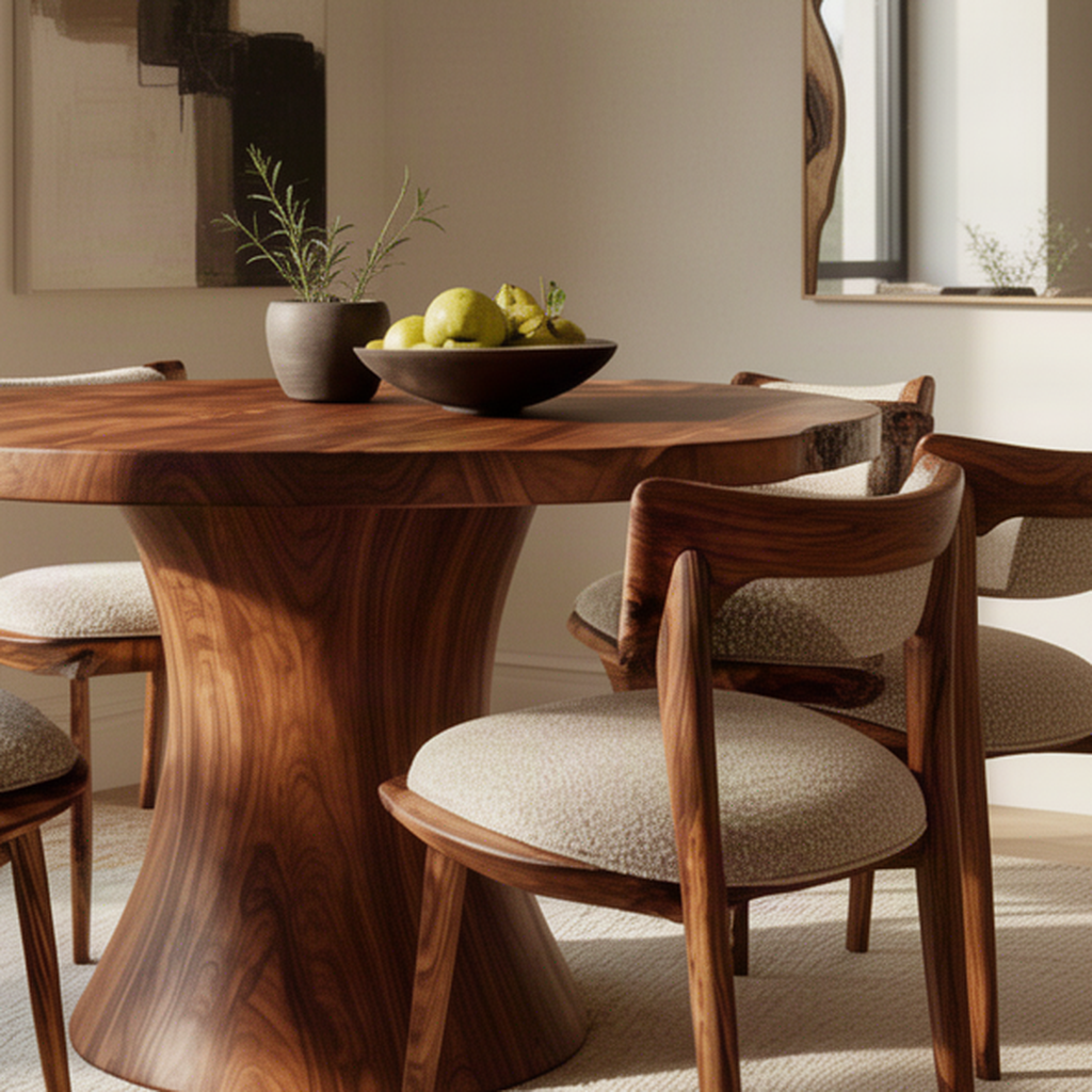 Close-up of Orbelle wood dining table showing round solid wood top edge, natural grain and sculpted hourglass pedestal