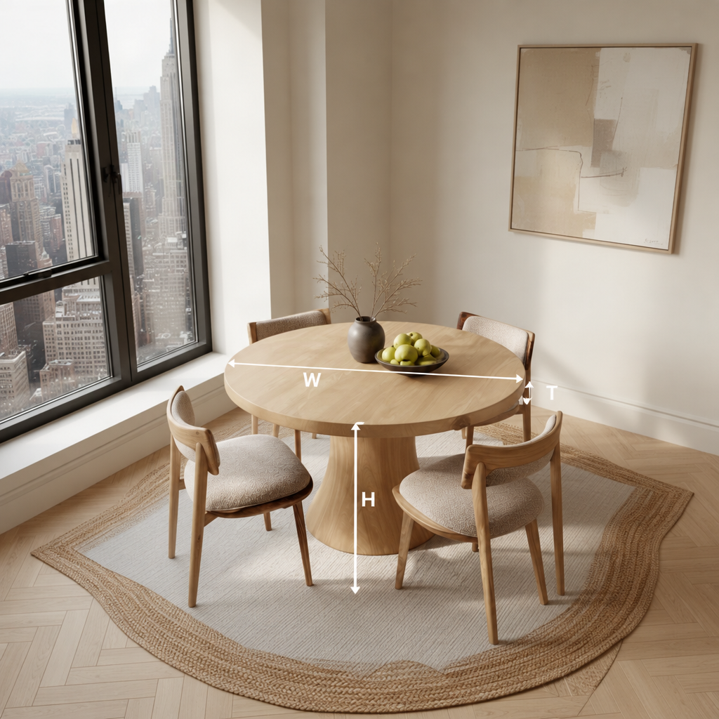 Orbelle round pedestal dining table dimensions diagram showing tabletop diameter and height in Oak finish