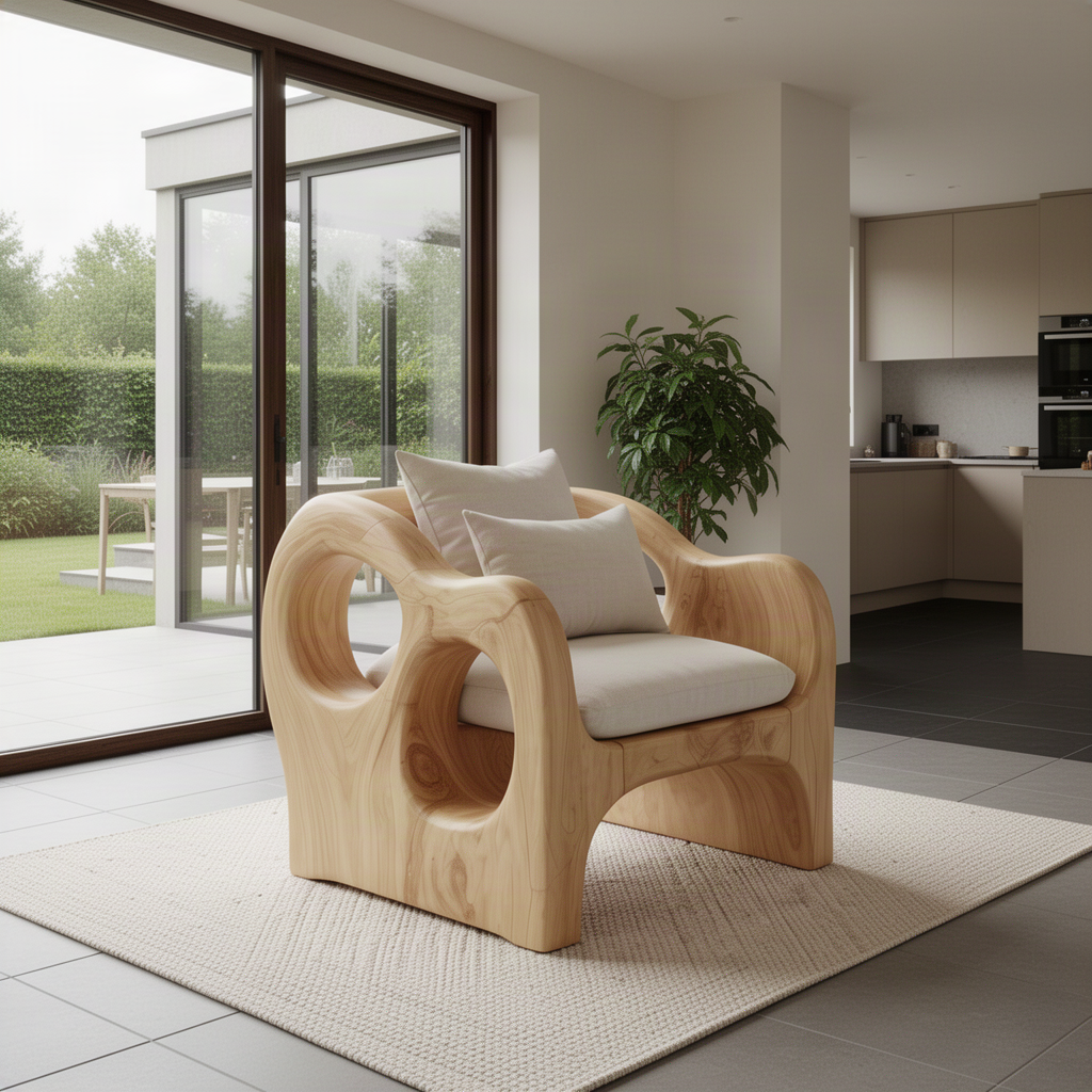 Rondel sculptural wood lounge chair in Oak with thick carved arms, circular side cutouts and cream cushions