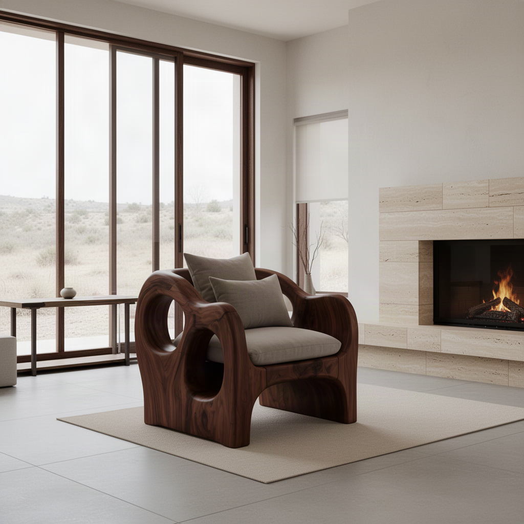 Rondel sculptural wood lounge chair in Walnut with circular side cutouts, arched base and upholstered cushions