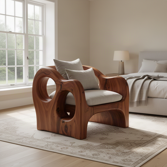 Rondel carved wood armchair in Brown finish with rounded arms and ring-shaped side openings in a living room