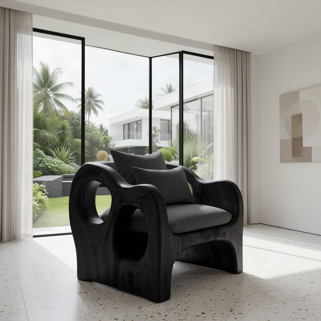Rondel sculptural wood lounge chair in Black with circular side cutouts and charcoal cushions in a bright room