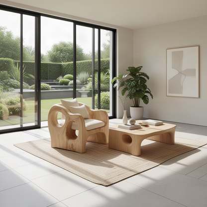 Rondel Oak wood lounge chair beside a sculptural coffee table in a bright garden-view living room with large windows