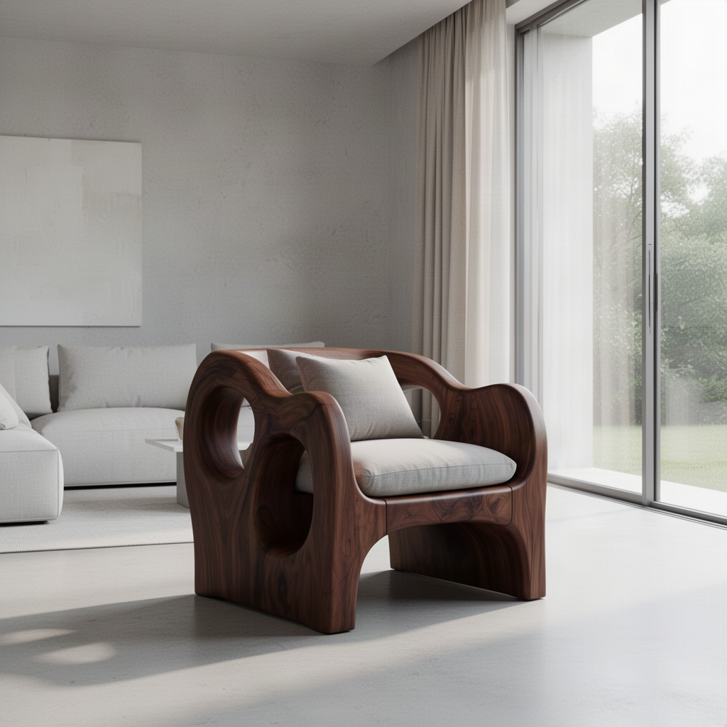Rondel sculptural wood lounge chair in rich Brown finish with circular cutouts in a minimalist modern living room