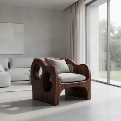 Rondel sculptural wood lounge chair in rich Brown finish with circular cutouts in a minimalist modern living room