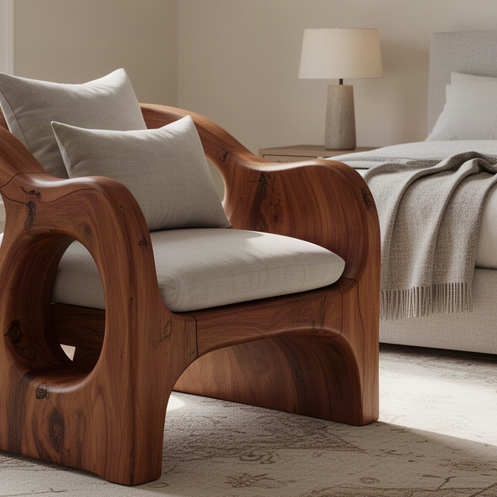 Close-up of Rondel wood lounge chair showing natural solid wood grain, rounded carved arm and upholstered seat cushion
