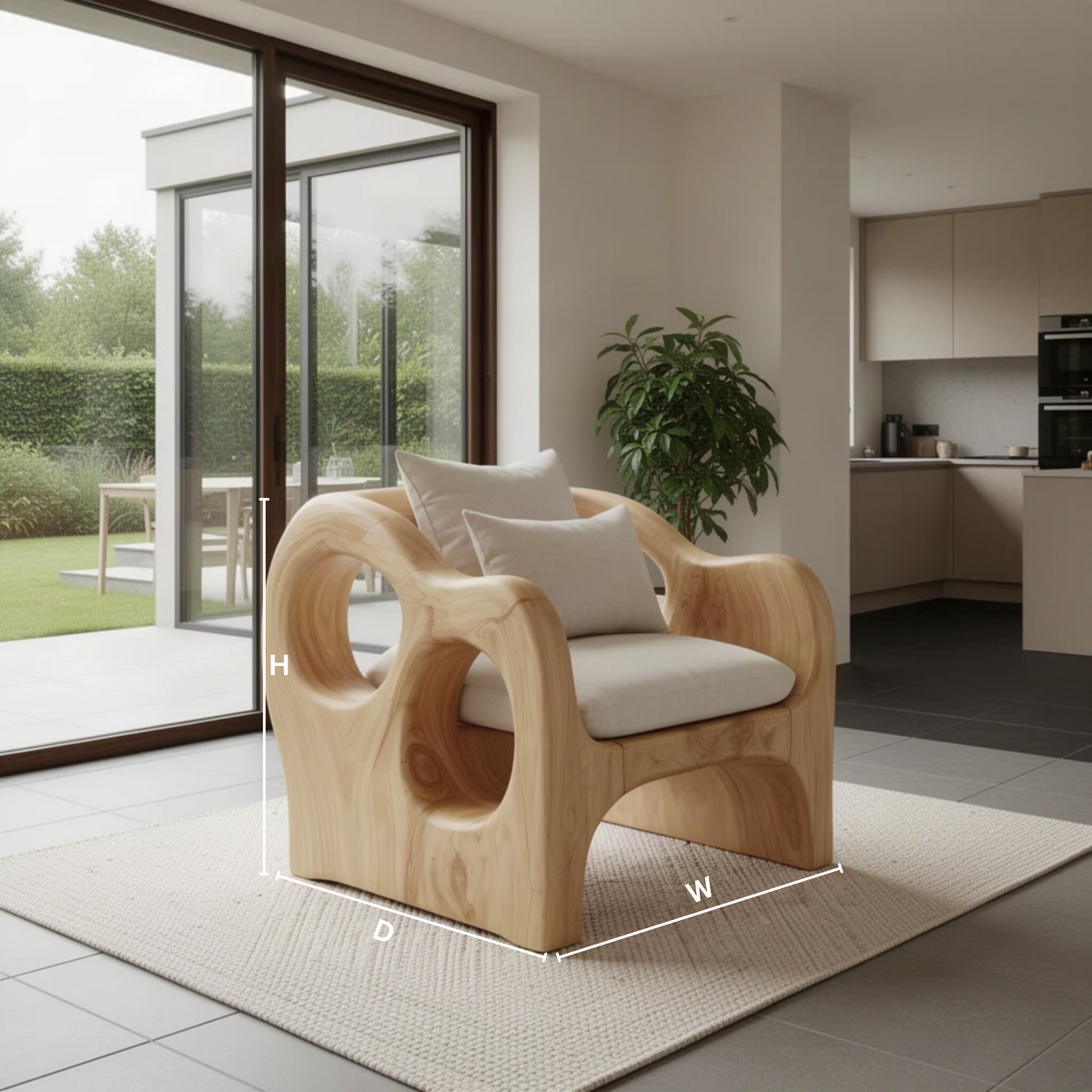 Rondel sculptural wood lounge chair dimensions diagram showing height, width and depth of the Oak carved armchair
