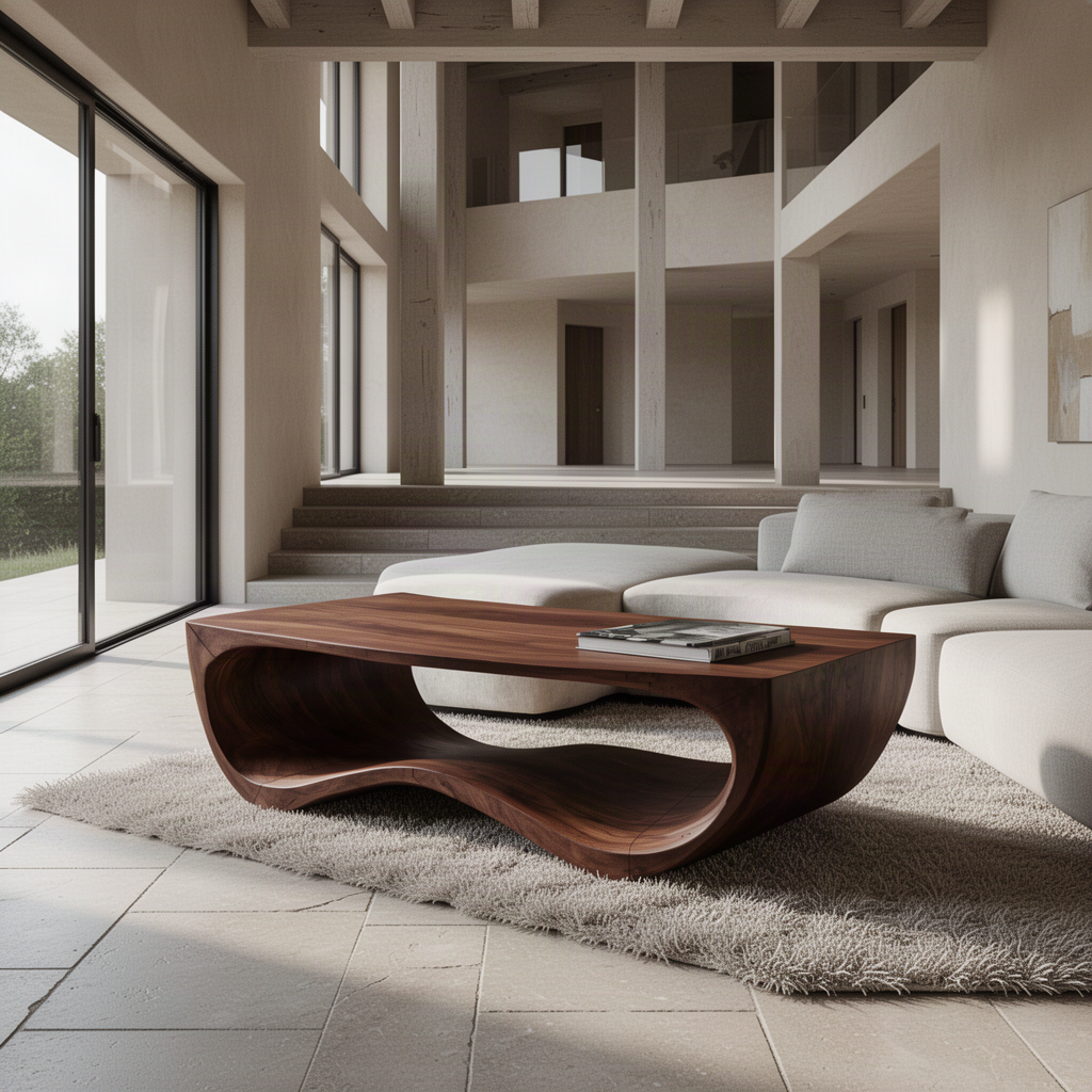 Undulo sculptural wood coffee table in Walnut with flowing wave base and curved lower shelf in a modern living room