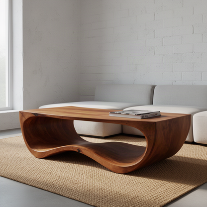 Undulo wave base coffee table in Brown finish with rectangular solid wood top and open curved shelf