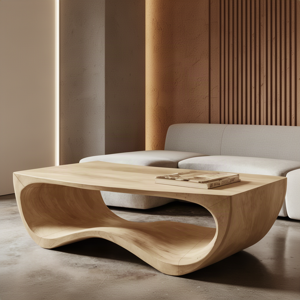 Undulo Oak wood coffee table with sculpted wave base in a warm minimalist living room with slatted wood wall