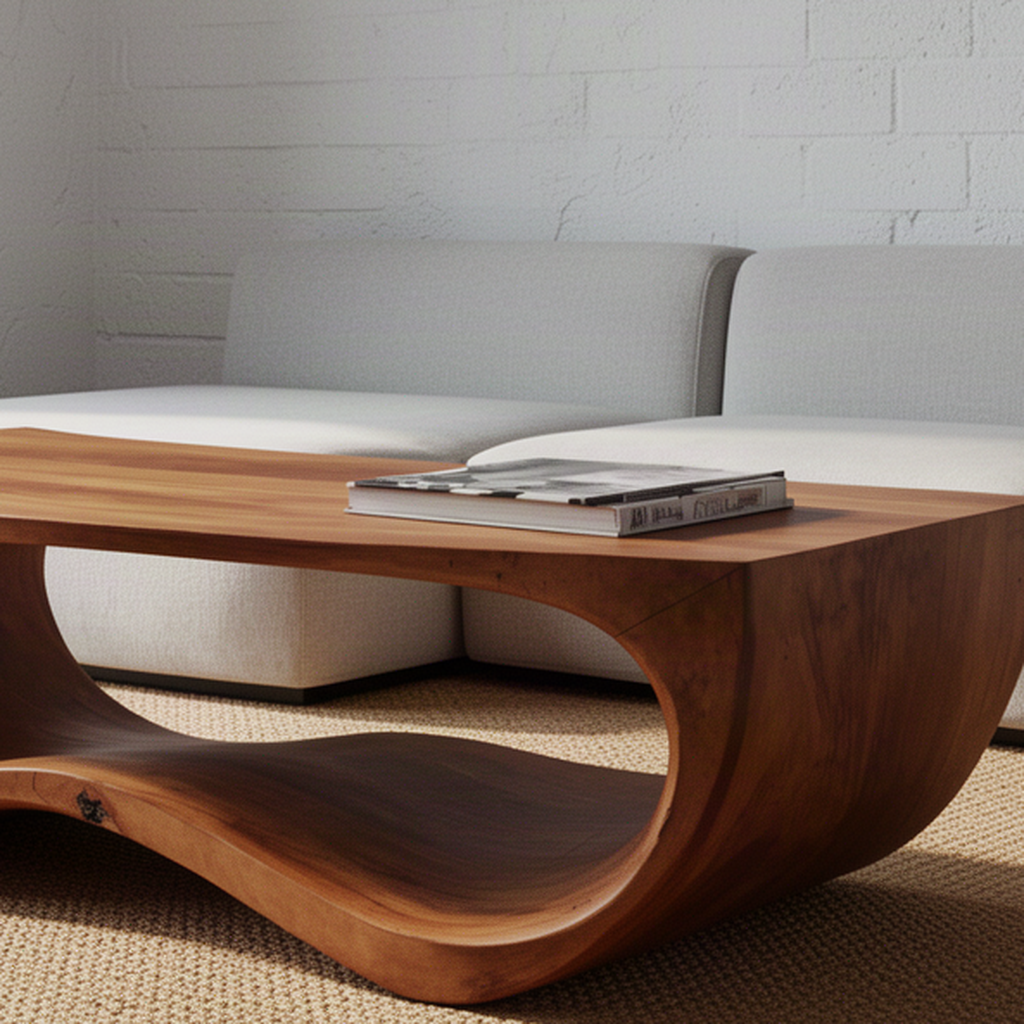 Close-up of Undulo wood coffee table showing natural solid wood grain, rounded top edge and curved wave base