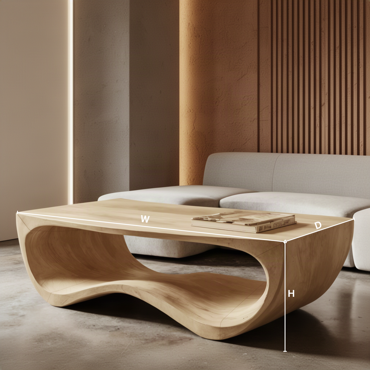 Undulo sculptural wood coffee table dimensions diagram showing width, depth and height of the wave base center table