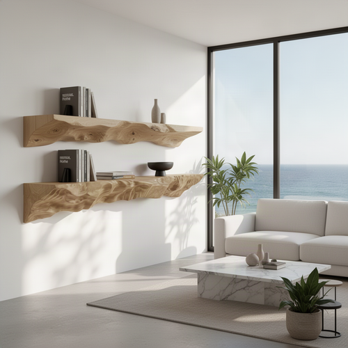 Erosa sculptural wood floating shelves in Oak with hand-carved rippled front holding books and decor by the ocean
