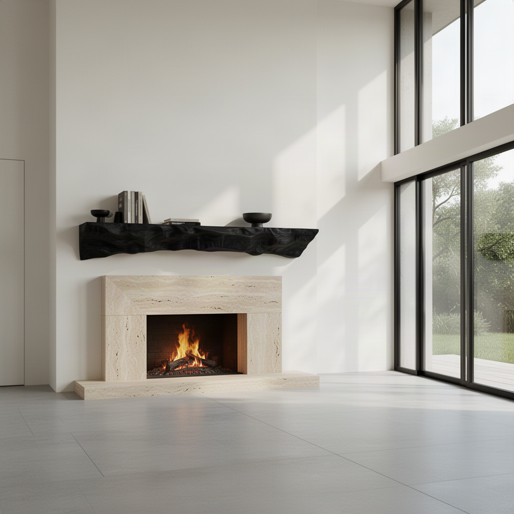 Erosa sculptural wood floating shelf in Black used as a fireplace mantel shelf with hand-carved textured front