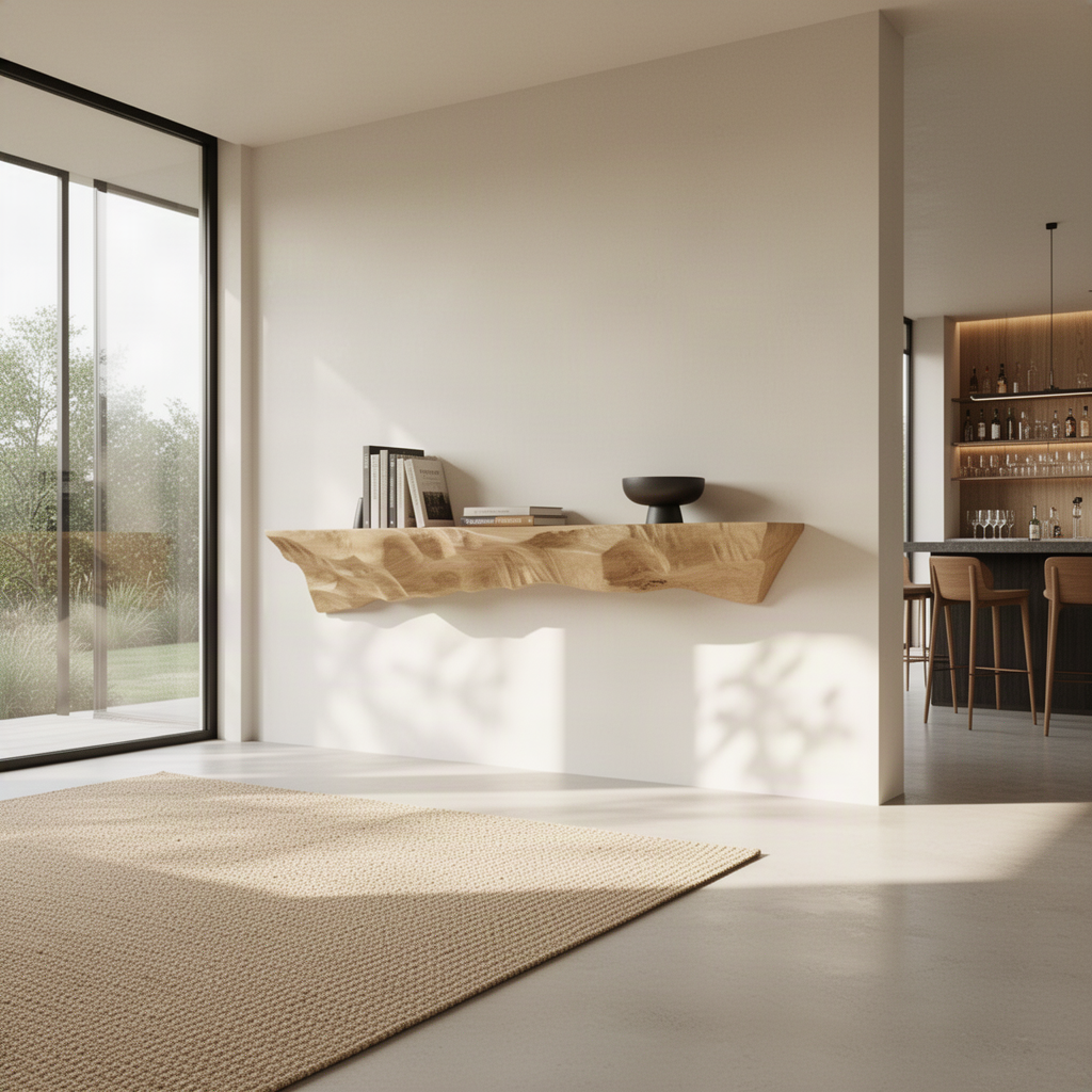Long Erosa Oak floating shelf with hand-carved rippled front displaying books and a bowl in a sunlit minimalist room