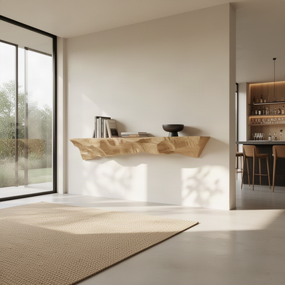 Long Erosa Oak floating shelf with hand-carved rippled front displaying books and a bowl in a sunlit minimalist room