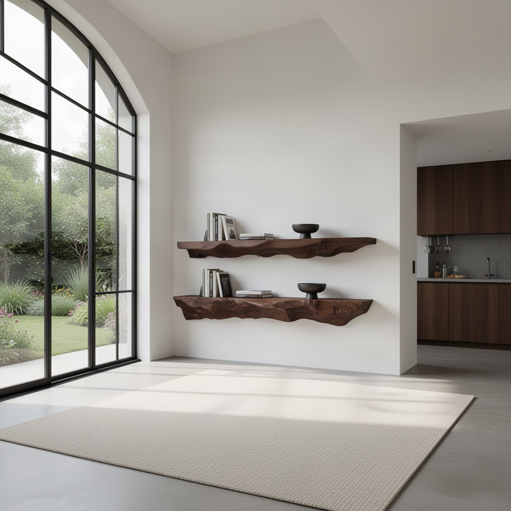 Two Erosa wood floating shelves in rich Brown finish stacked on a white wall beside a tall arched garden window