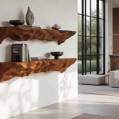 Close-up of Erosa floating shelf showing hand-carved rippled wood texture, natural grain and flat display top