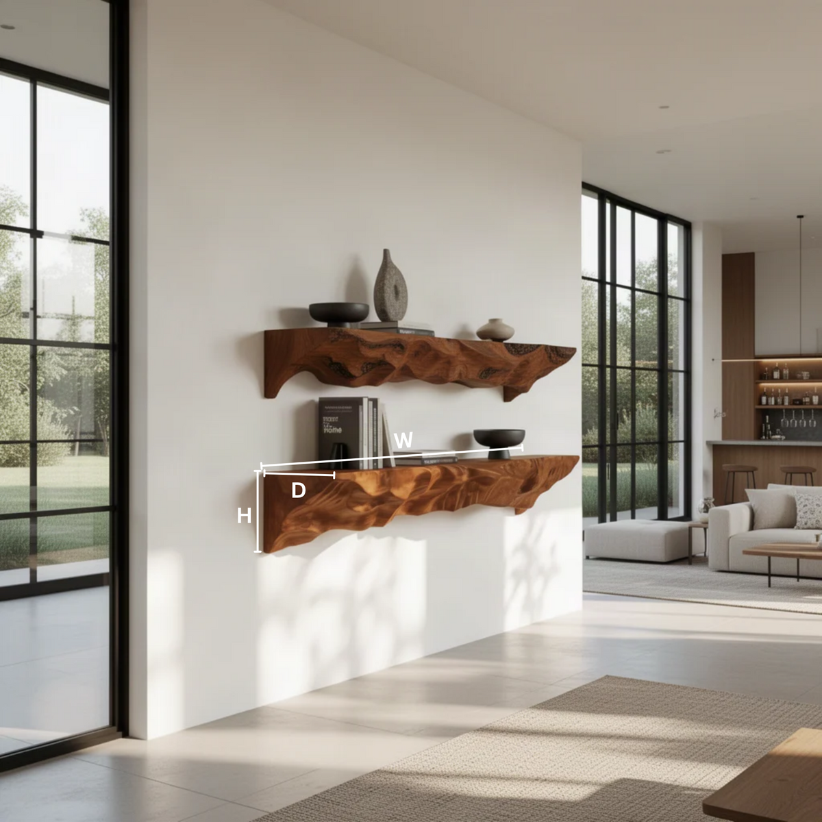 Erosa sculptural wood floating shelf dimensions diagram showing width, depth and height of the carved wall shelf