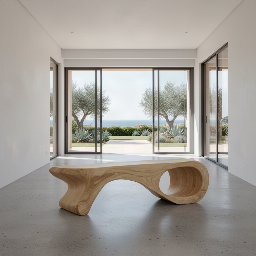 Spirela sculptural wood bench in Oak with curled loop base and flowing seat in a bright sea-view entry space
