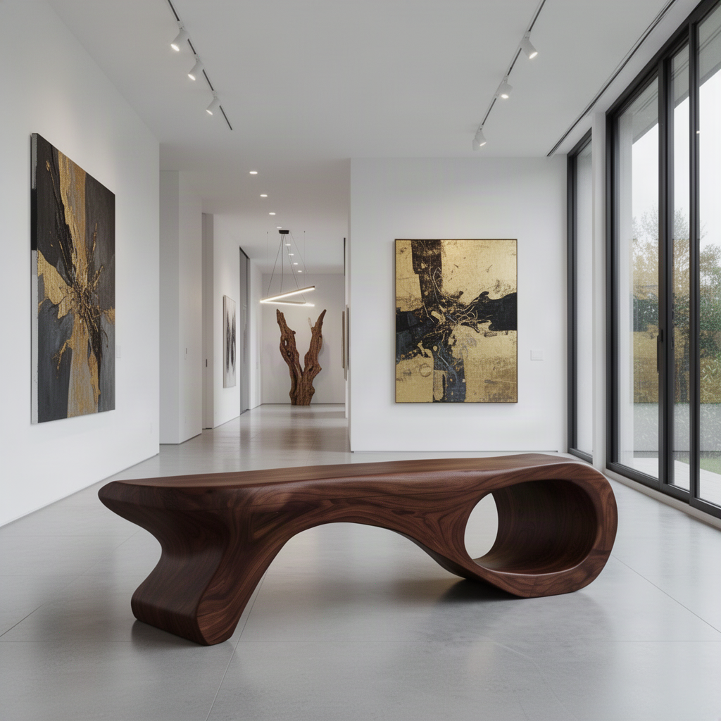 Spirela sculptural wood bench in Walnut with asymmetrical curled loop base in a modern art gallery interior