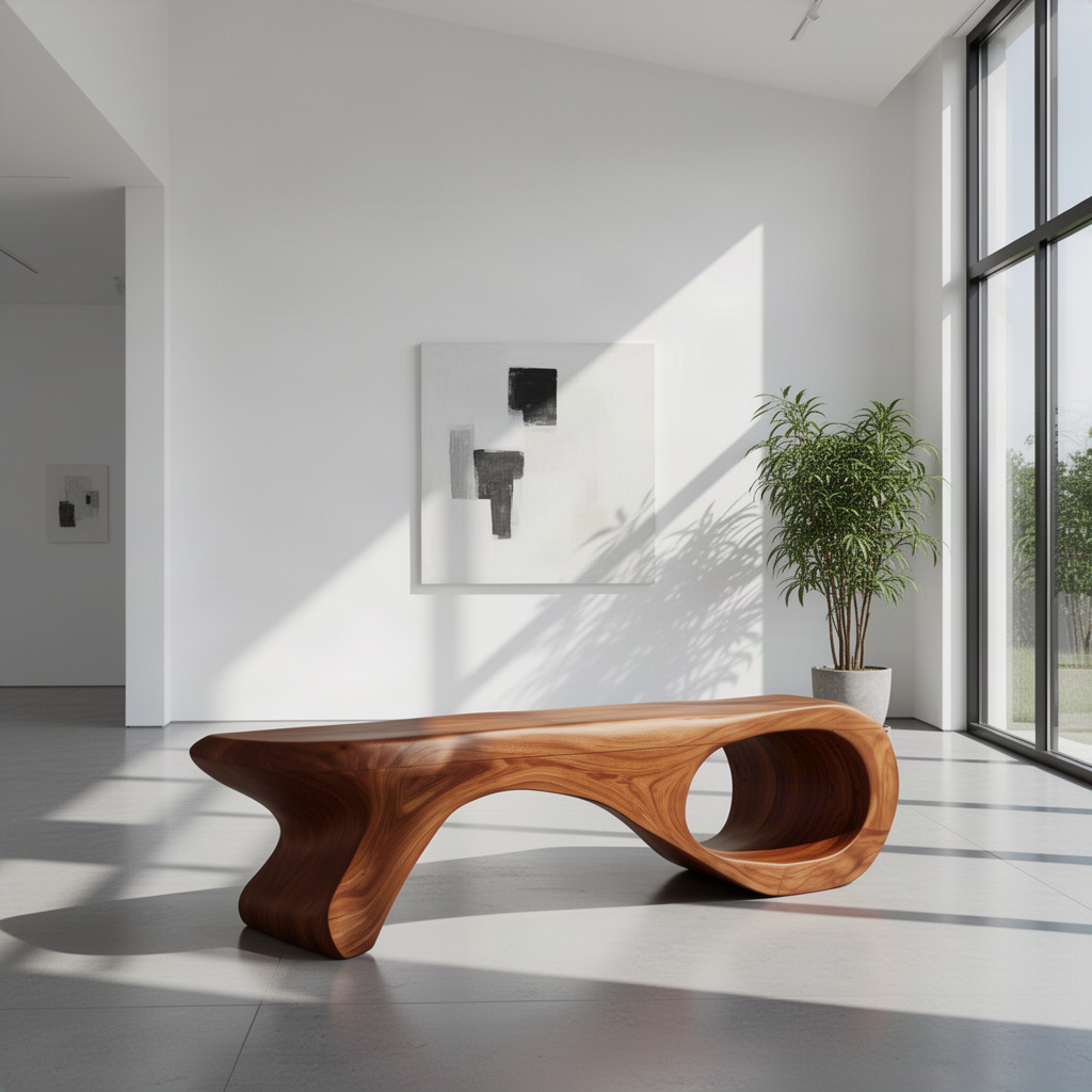 Spirela organic wood bench in Brown finish with continuous flowing form and open loop base