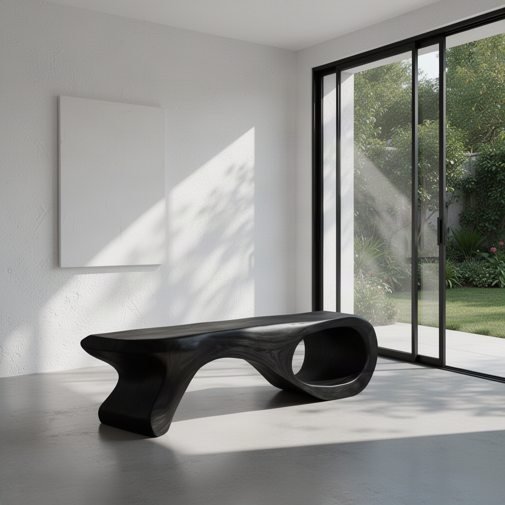 Spirela sculptural wood bench in Black with curled loop end and tapered support in a sunlit minimalist room
