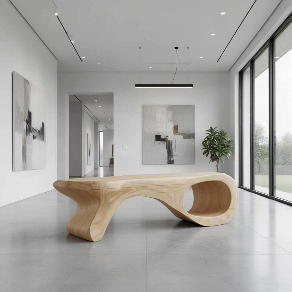 Spirela Oak sculptural wood bench with curled loop base as gallery-style seating in a minimalist white interior