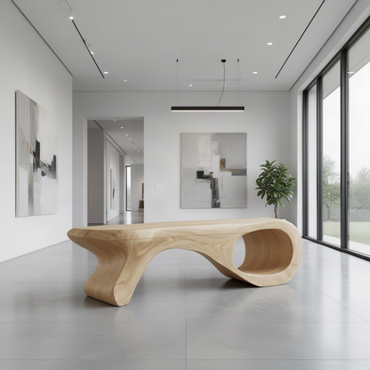 Spirela Oak sculptural wood bench with curled loop base as gallery-style seating in a minimalist white interior