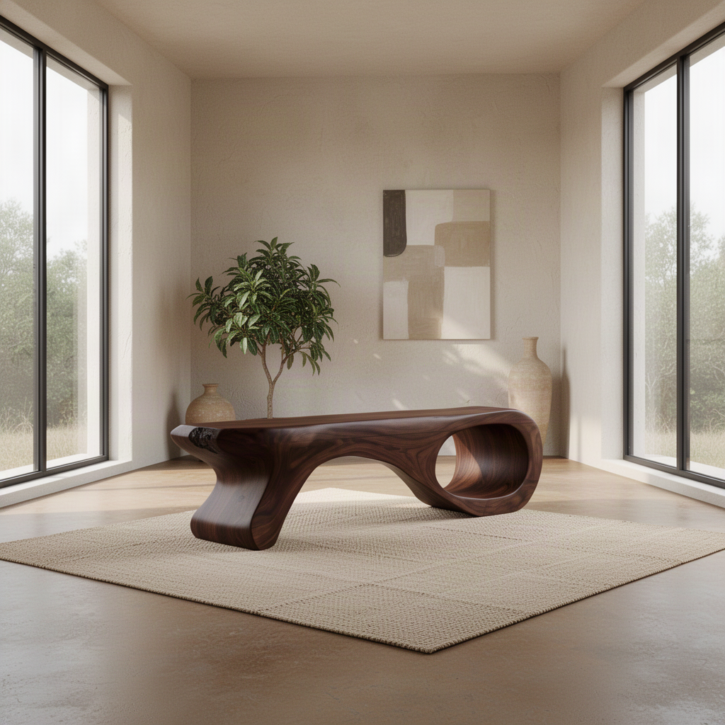 Spirela sculptural wood bench in rich Brown finish on a woven rug in a calm organic modern living room
