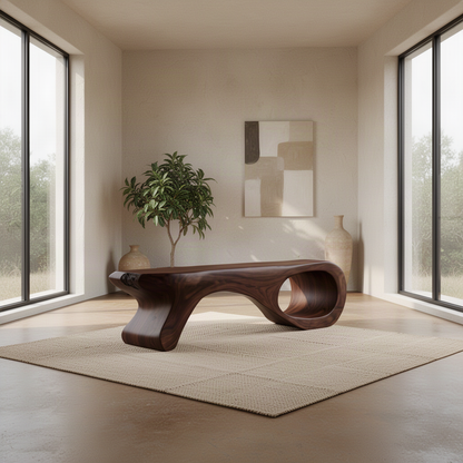 Spirela sculptural wood bench in rich Brown finish on a woven rug in a calm organic modern living room