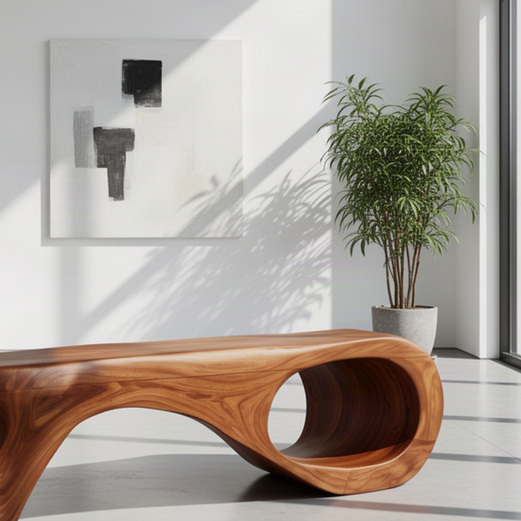 Close-up of Spirela wood bench showing smooth curled loop base and flowing natural solid wood grain