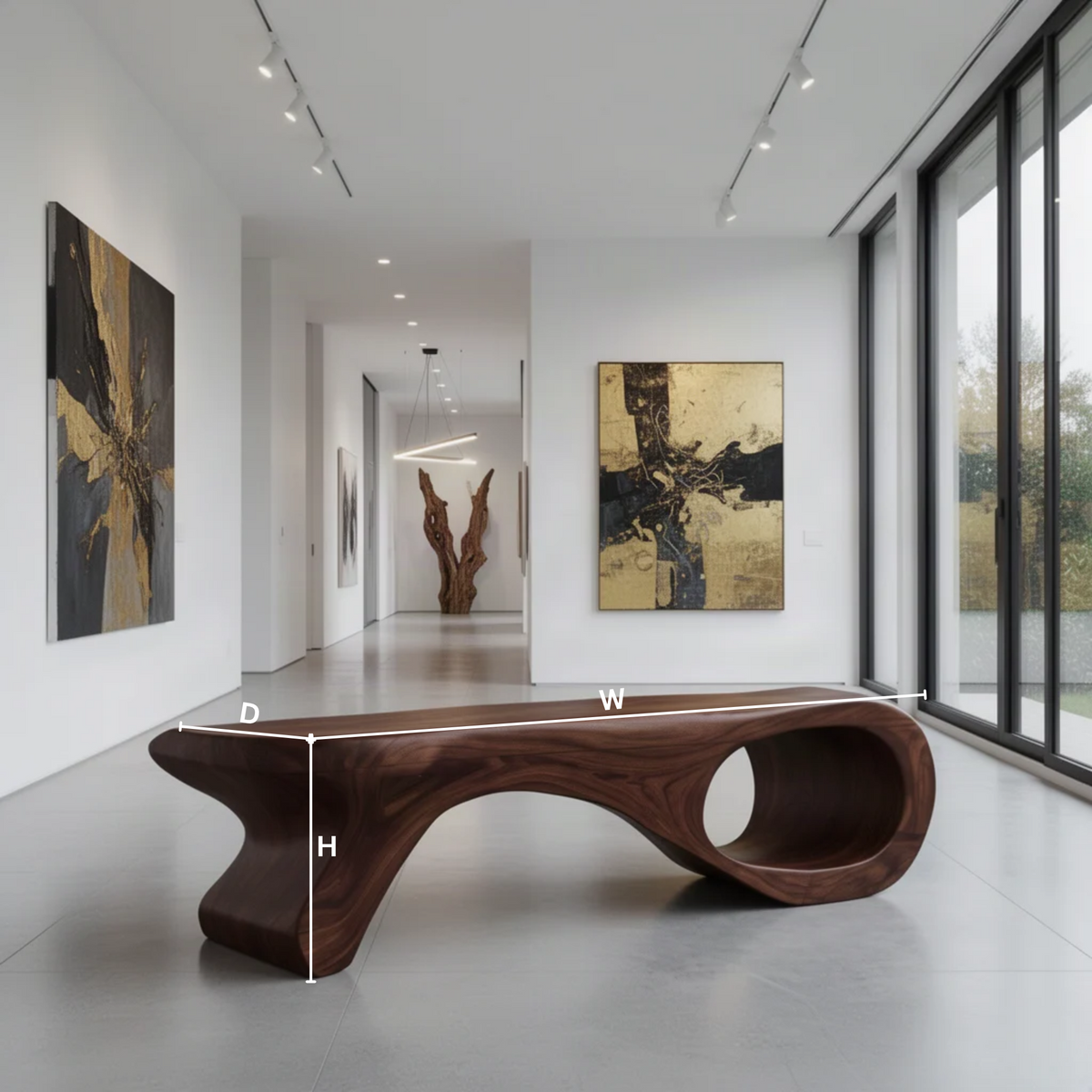 Spirela sculptural wood bench dimensions diagram showing width, height and depth of the curled loop accent bench