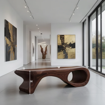 Spirela sculptural wood bench dimensions diagram showing width, height and depth of the curled loop accent bench