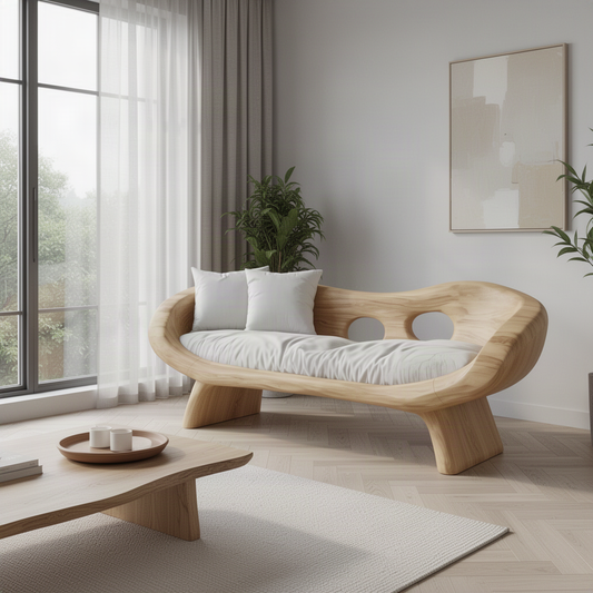 Lunaria sculptural wood sofa in Oak with curved carved frame, oval backrest cutouts and white cushions