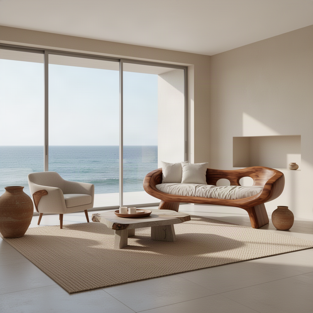 Lunaria carved wood sofa in Brown finish with oval cutouts in the backrest and plush upholstered seat