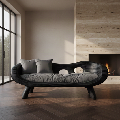 Lunaria sculptural wood sofa in Black with charcoal cushions and tapered feet beside a stone fireplace