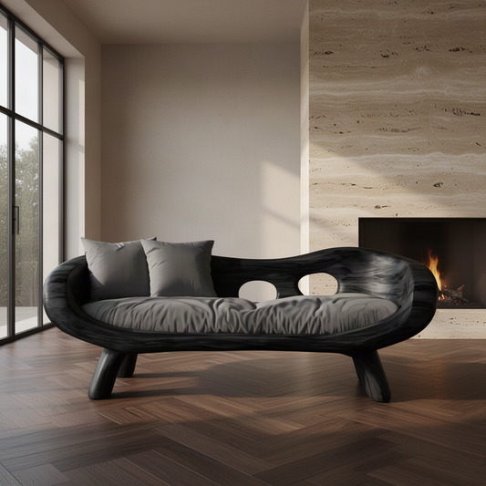 Lunaria sculptural wood sofa in Black with charcoal cushions and tapered feet beside a stone fireplace