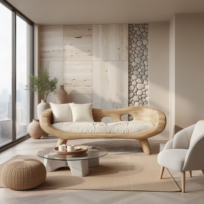 Lunaria Oak sculptural sofa in a bright high-rise living room with travertine walls and a glass coffee table