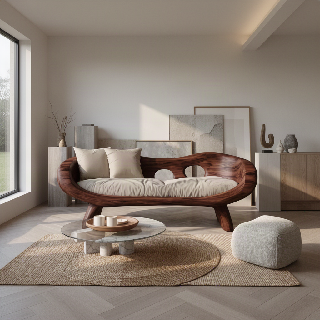 Lunaria sculptural wood sofa in rich Brown finish in a calm gallery-style lounge with woven rug and pouf