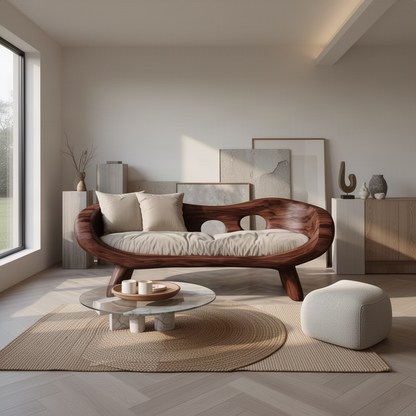 Lunaria sculptural wood sofa in rich Brown finish in a calm gallery-style lounge with woven rug and pouf