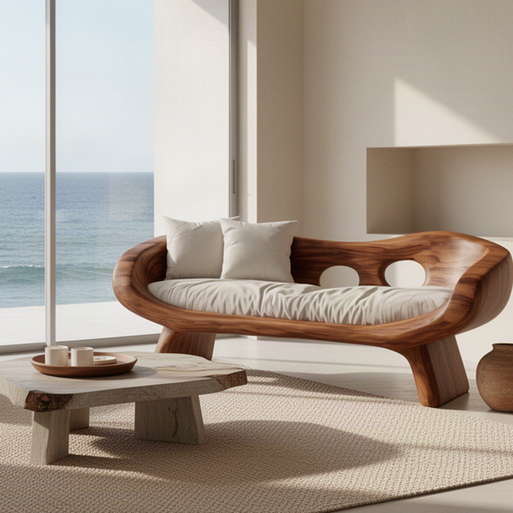 Close-up of Lunaria wood sofa showing curved carved frame, natural grain, oval cutouts and upholstered seat
