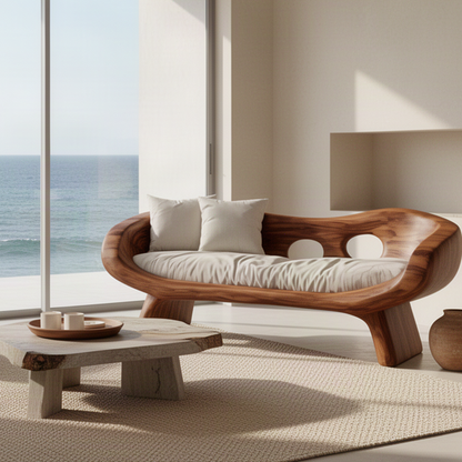 Close-up of Lunaria wood sofa showing curved carved frame, natural grain, oval cutouts and upholstered seat