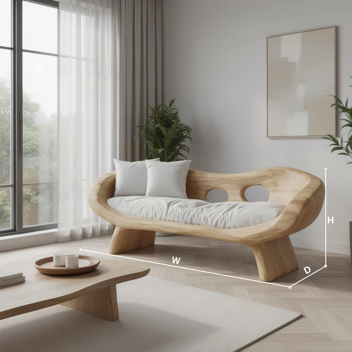 Lunaria sculptural wood sofa dimensions diagram showing width, height and depth of the curved carved frame